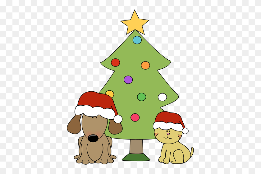 409x500 Christmas Dog And Cat With Christmas Tree There Are More - Christmas Birthday Clipart