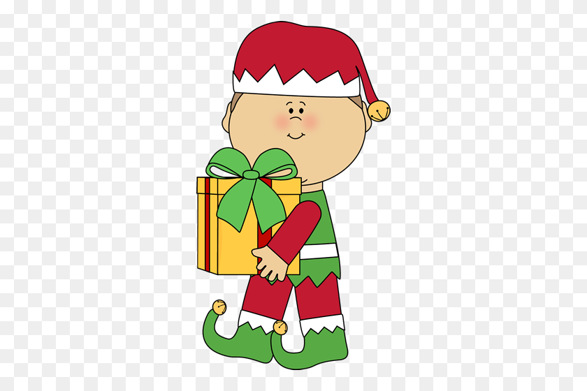 278x500 Christmas Elf Carrying A Christmas Gift Clip Art - Christmas Lunch Clipart