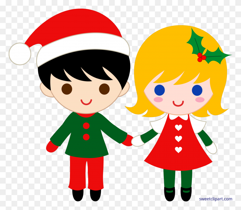 7105x6130 Christmas Kids Clip Art - Children Sharing Clipart