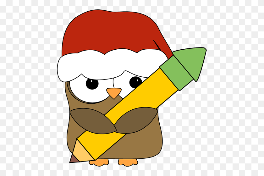 477x500 Christmas Owl Holding A Pencil Clip Art - Owl Reading Clipart
