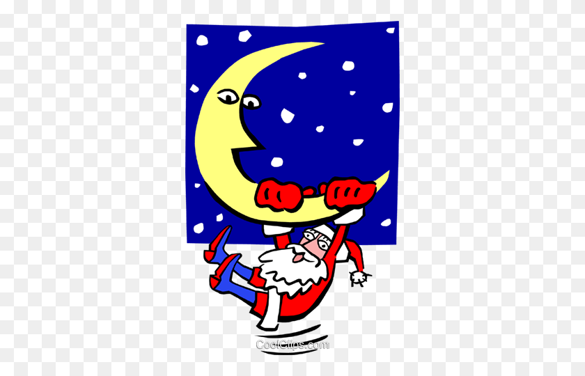 308x480 Christmassanta Holding On To Moon Royalty Free Vector Clip Art - Moon Clipart