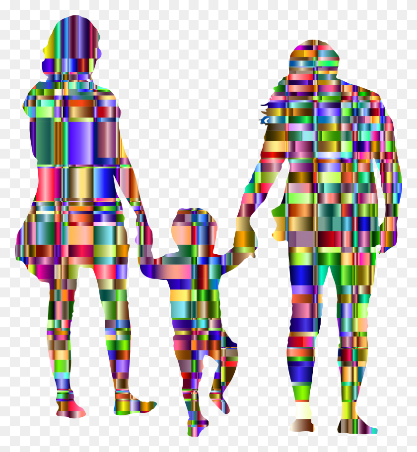 2132x2330 Chromatic Checkered Family With A Child In The Middle Silhouette - Family Silhouette PNG