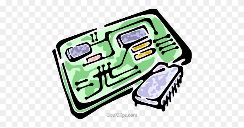 480x382 Circuit Board And A Computer Chip Royalty Free Vector Clip Art - Computer Chip Clipart