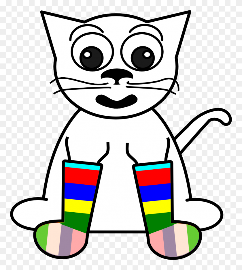 999x1123 Clip Art Cat In Rainbow Socks Black White Line - Seahorse Clipart Black And White