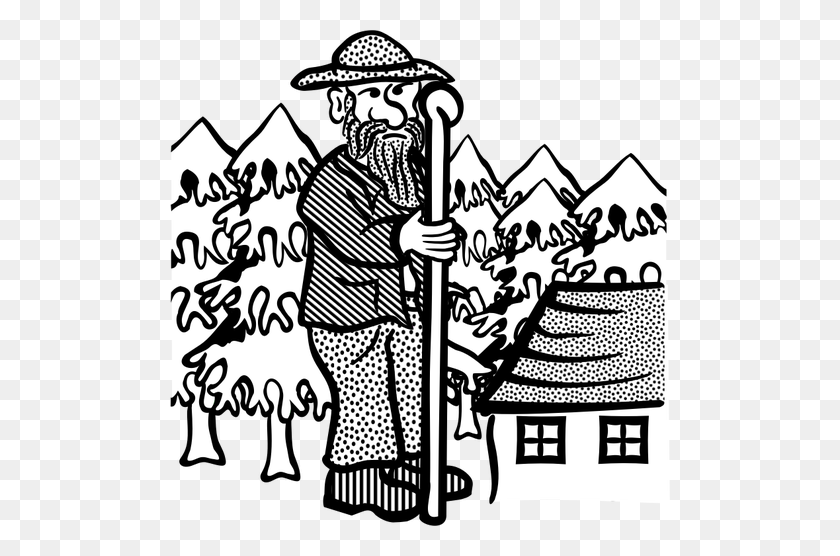 500x496 Clip Art Of Old Man With A Shepherd's Stick - Shepherd Clipart Black And White