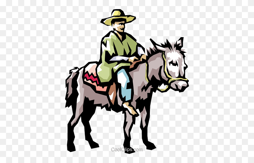 410x480 Coffee Picker On A Jackass Royalty Free Vector Clip Art - Cowboy On Horse Clipart