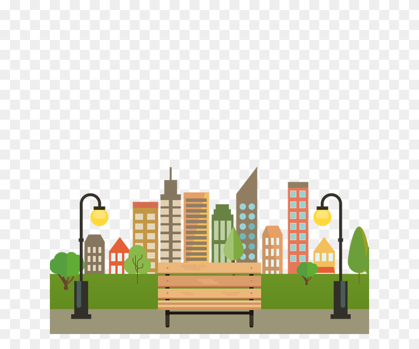 640x640 Colorful Building City With Bench Vector Png, City With Benches - City Building PNG