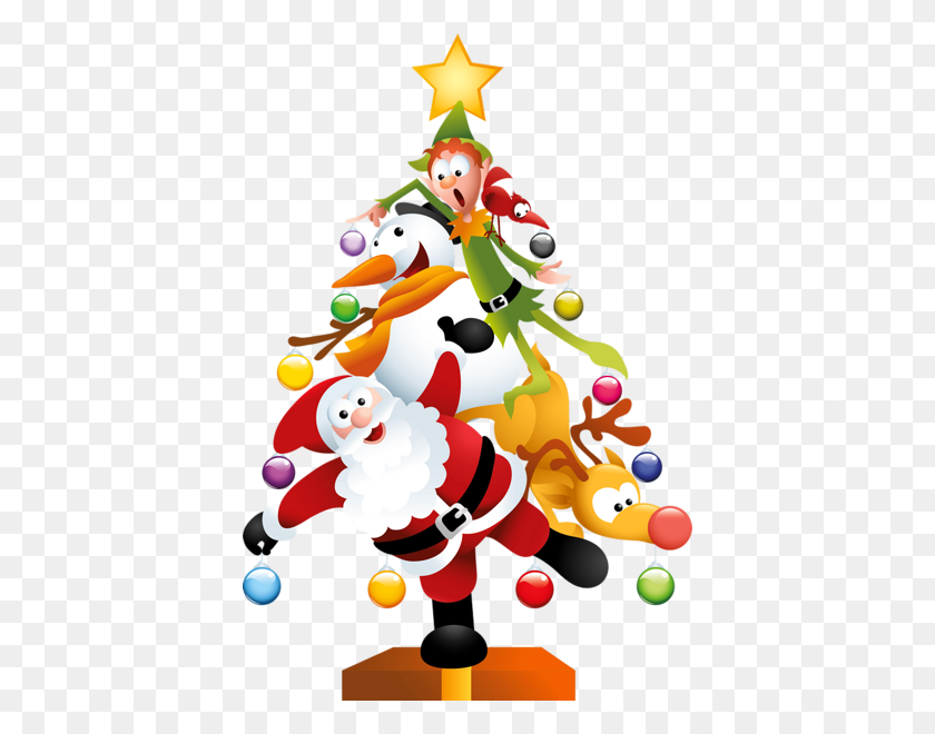 404x600 Comical Santa, Snowman, Reindeer And Elf Christmas Tree Clip Art - Secret Santa Clipart