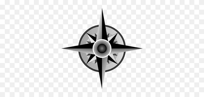 340x340 Compass Rose North Black And White Map - Nautical Compass Clipart