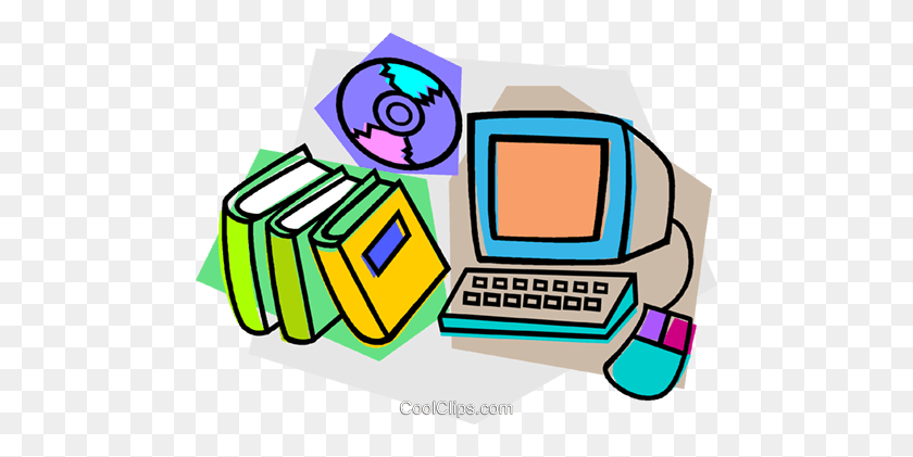 480x361 Computer With Books And Cd Royalty Free Vector Clip Art - Computer Clipart
