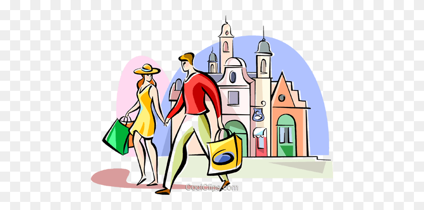 480x356 Couple Shopping In London Royalty Free Vector Clip Art - London Clipart