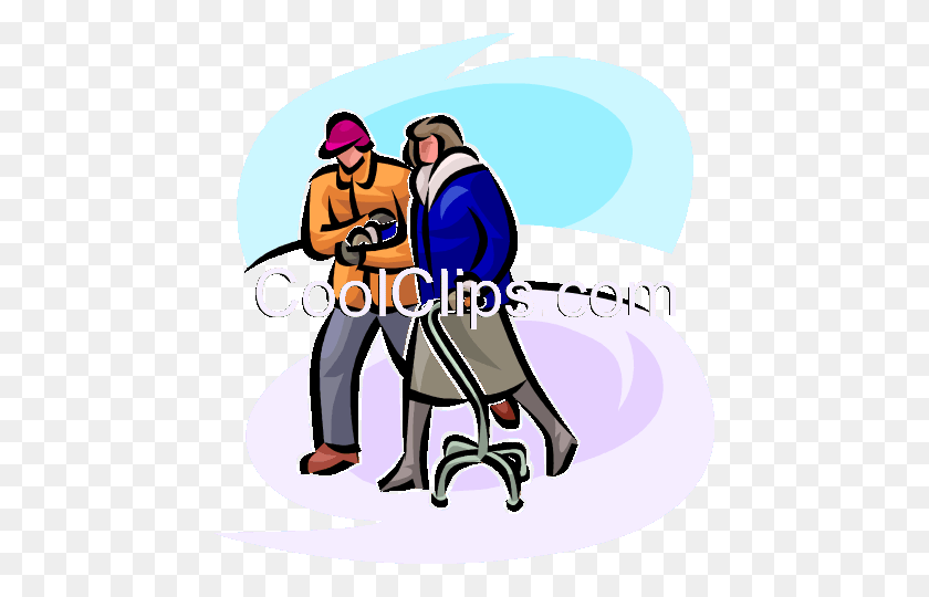 452x480 Couple Walking In The Cold With A Walker Royalty Free Vector Clip - Cold Clipart
