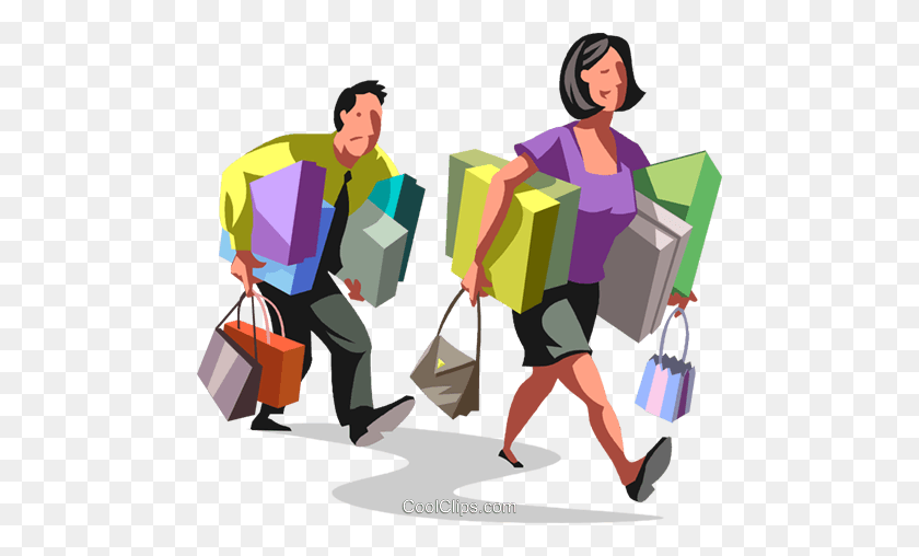 480x448 Couple Walking With Packages Royalty Free Vector Clip Art - Clip Art Packages