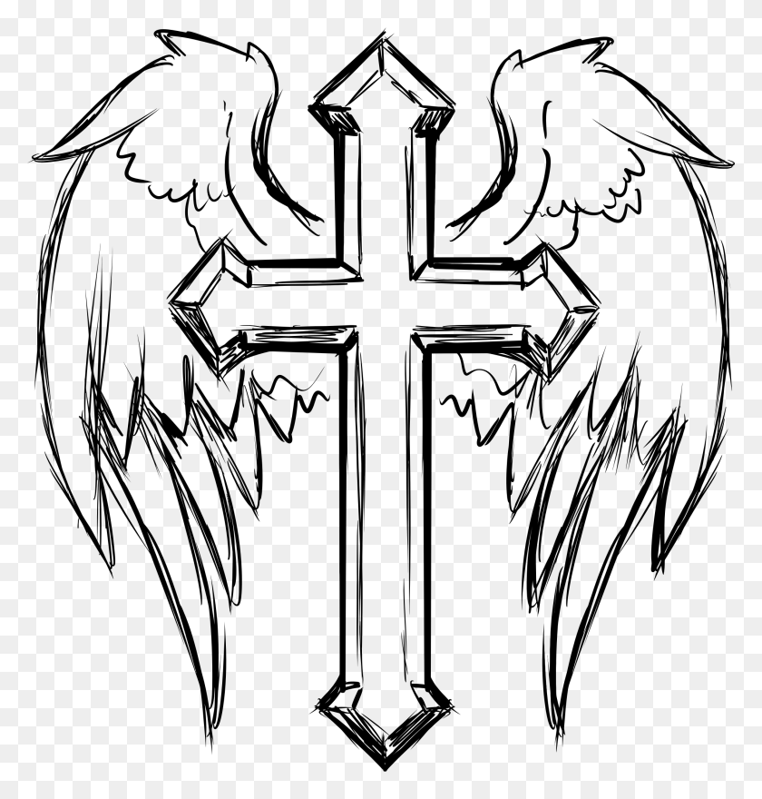 2137x2248 Cross With Wings Line Art Icons Png - Cross PNG Images