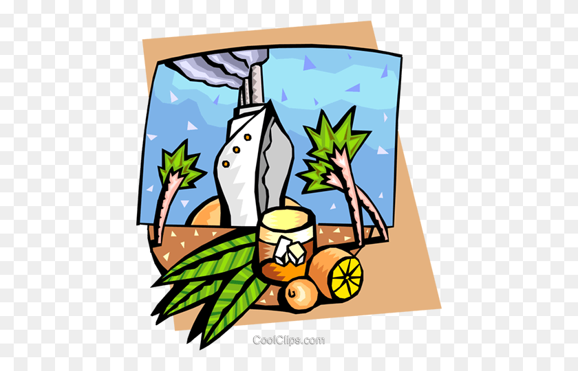 444x480 Cruise Ship With Palm Trees And Fruit Royalty Free Vector Clip Art - Tree Stump Clipart