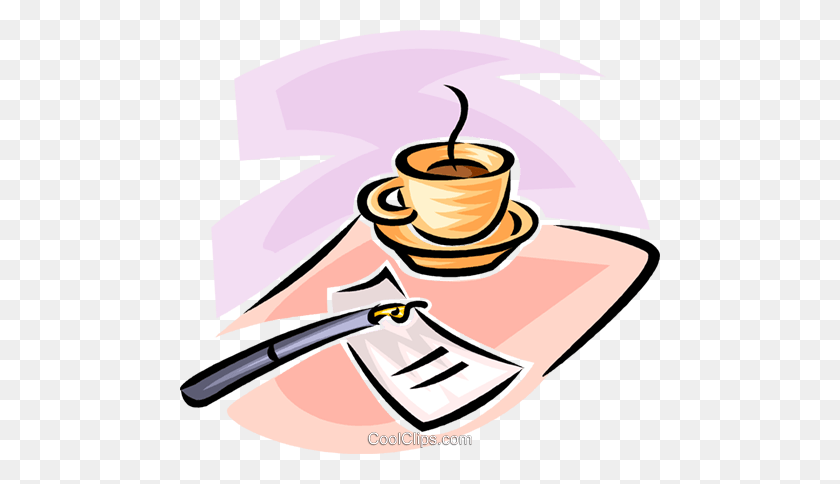 480x424 Cup Of Coffee, Fountain Pen And A Saucer Royalty Free Vector Clip - Tea Cup And Saucer Clipart