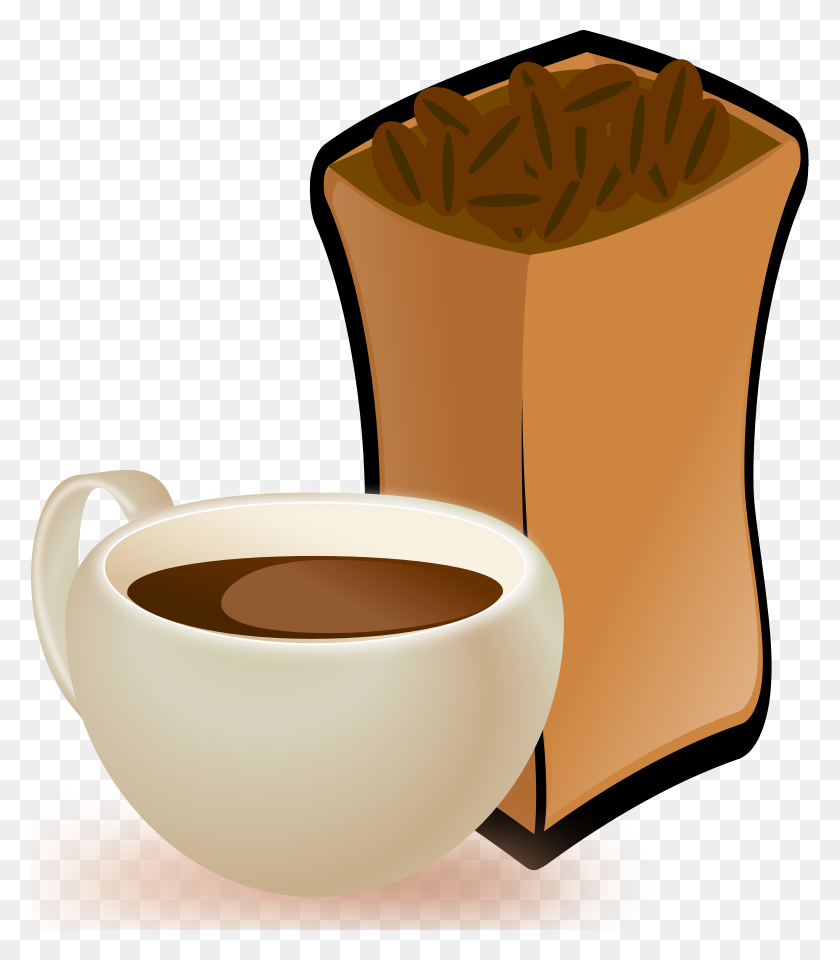 778x900 Cup Of Coffee With Sack Of Coffee Beans Png Large Size - Beans PNG