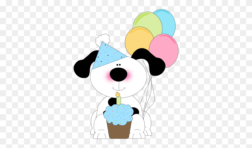 350x432 Cute Birthday Dog With A Cupcake And Balloons Cards Birthday - Birthday Celebration Clipart