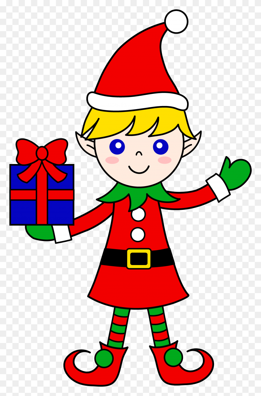 4339x6733 Cute Christmas Elf With Gift - Toy Store Clipart