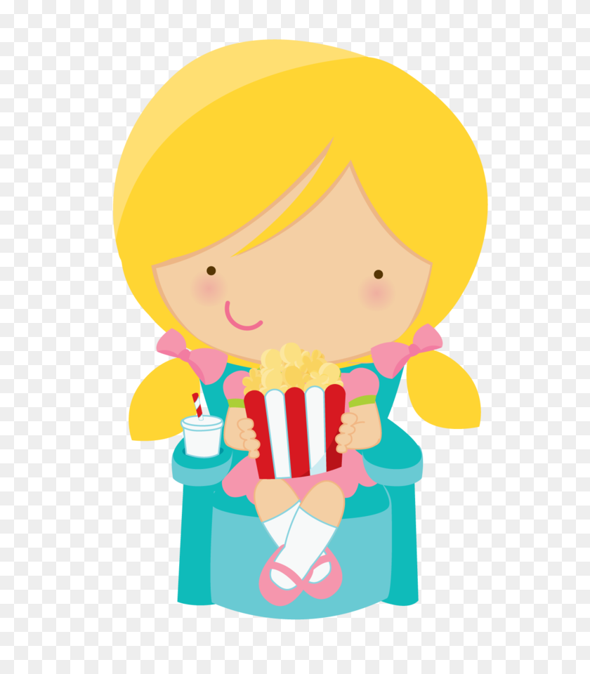 722x900 Cute Clipart Girl Eating Popcorn Minus - Popcorn Clipart Free