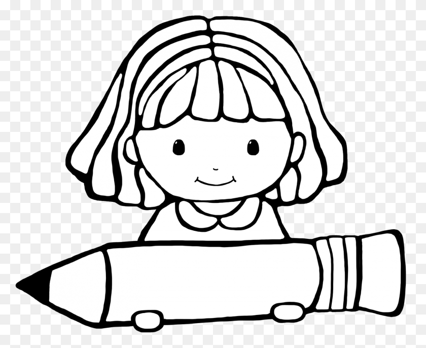 1600x1286 Cute Girl Clipart Black And Whitw - Girl Writing Clipart
