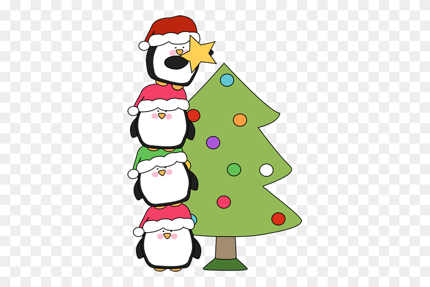 Cute Little Penguins Trying To Put A Star On A Tree Of All - Small Star Clipart