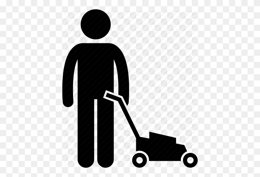 438x512 Cutter, Gardening, Grass, Holding, Lawnmower, Man, Trimming Icon - Man Mowing Lawn Clipart