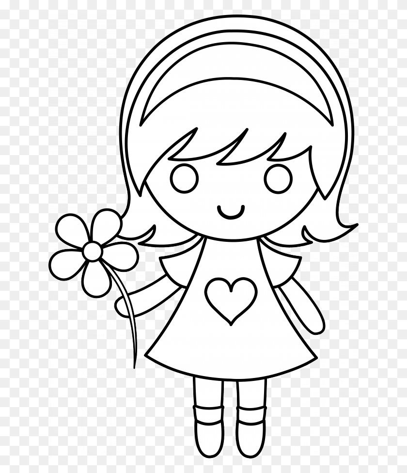 640x916 Daisy Girl Colorable Line Art Free Clip Art Kawaii Coloring - Kawaii Clipart