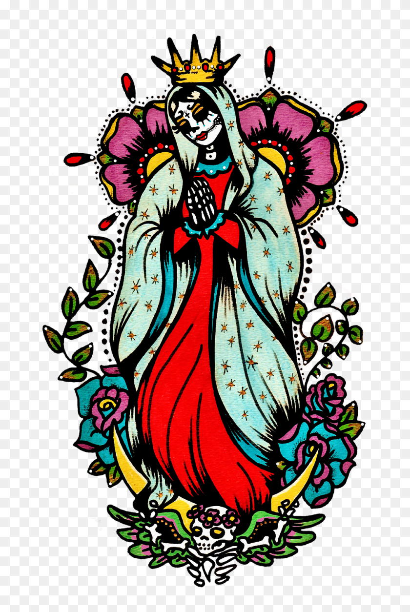 942x1443 День Мертвых Искусство Татуировки Девы Марии Время Та Получить Краску - Клипарт Девы Марии