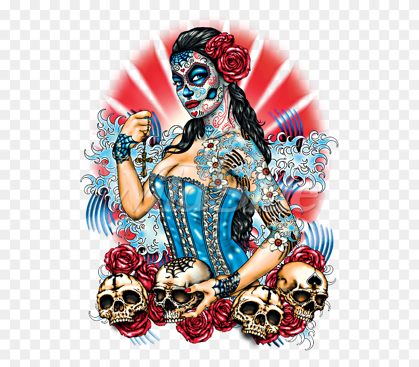 675x675 Day Of The Dead Pinup With Skulls And Roses The Wild Side - Day Of The Dead PNG