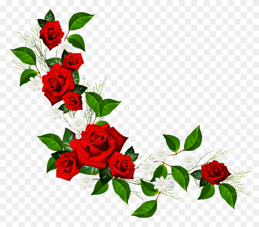1137x987 Elemento Decorativo Con Rosas Rojas Flores Blancas Y Corazones - Clipart De Borde De Rosa