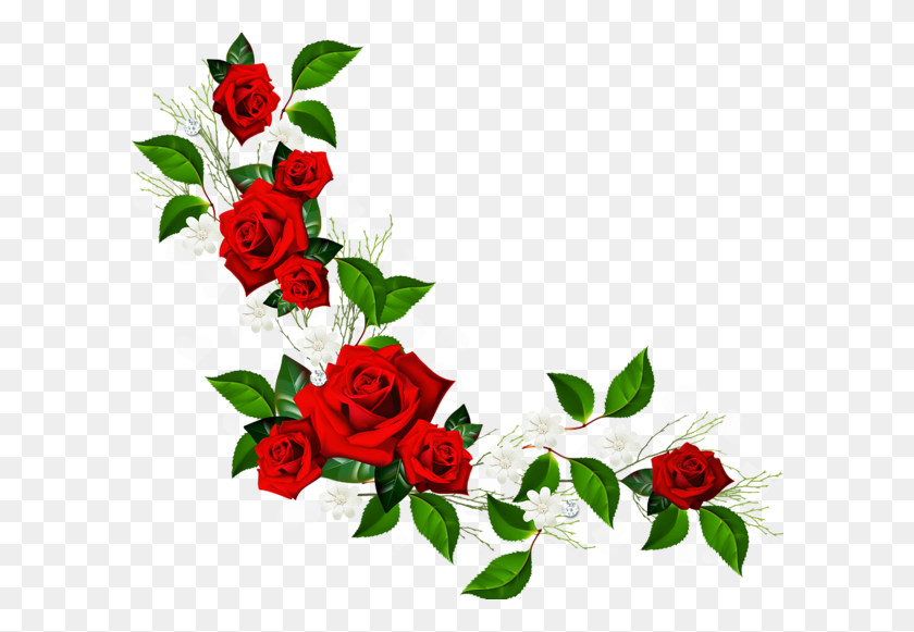 600x521 Elemento Decorativo Con Rosas Rojas Flores Blancas Y Corazones - Flor Blanca Png