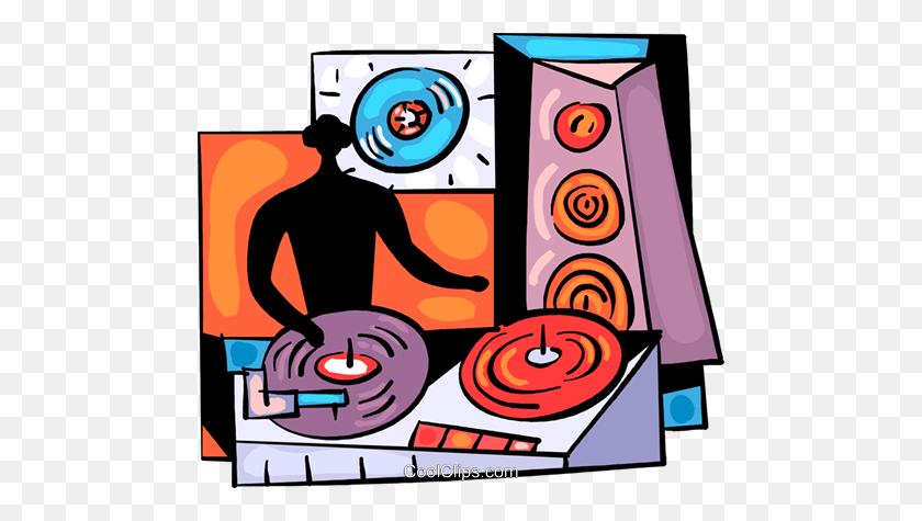 480x415 Disk Jockey Spinning His Records Royalty Free Vector Clip Art - Spin Around Clipart