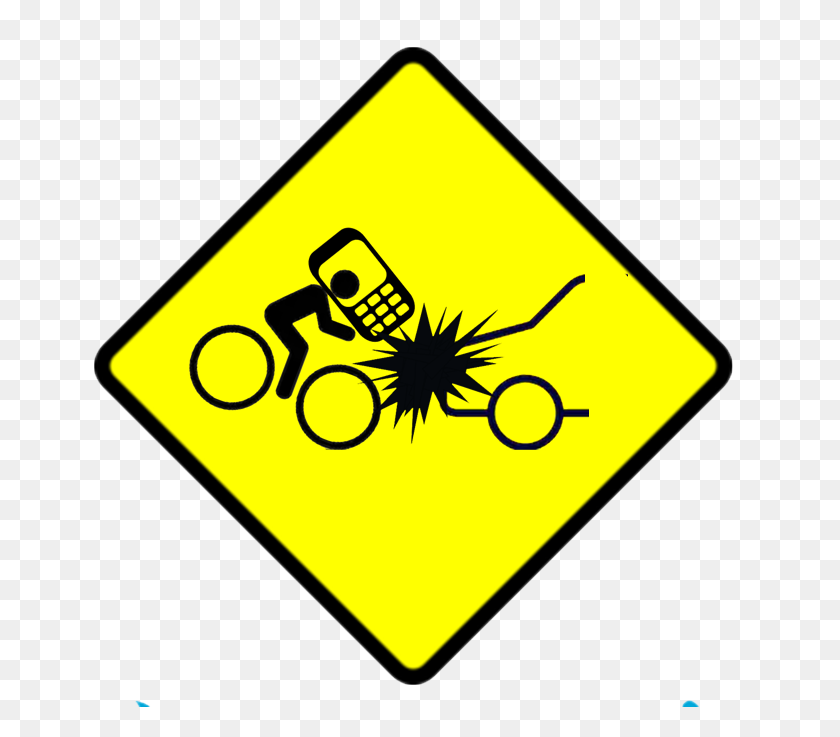 685x677 Distracted Bicyclist On Cell Phone Crashes Into Car - Caution Sign PNG