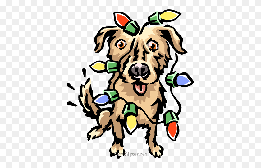 410x480 Dog Covered In Christmas Lights Royalty Free Vector Clip Art - Christmas Dog Clipart