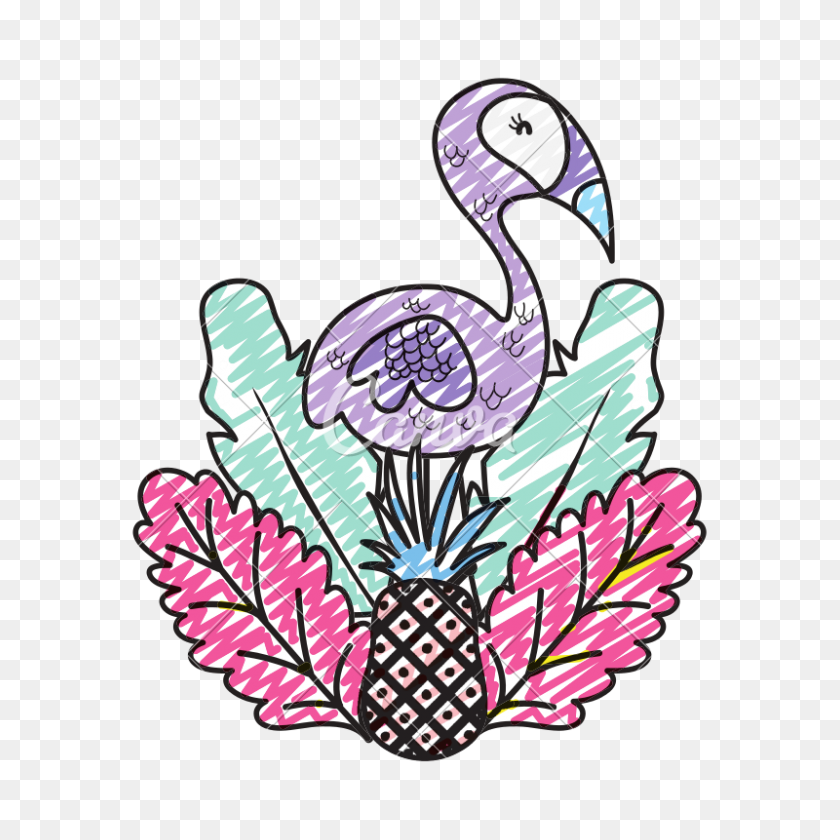 800x800 Doodle Exotic Flamingo Bird Animal With Tropical Plants - Tropical Plants PNG