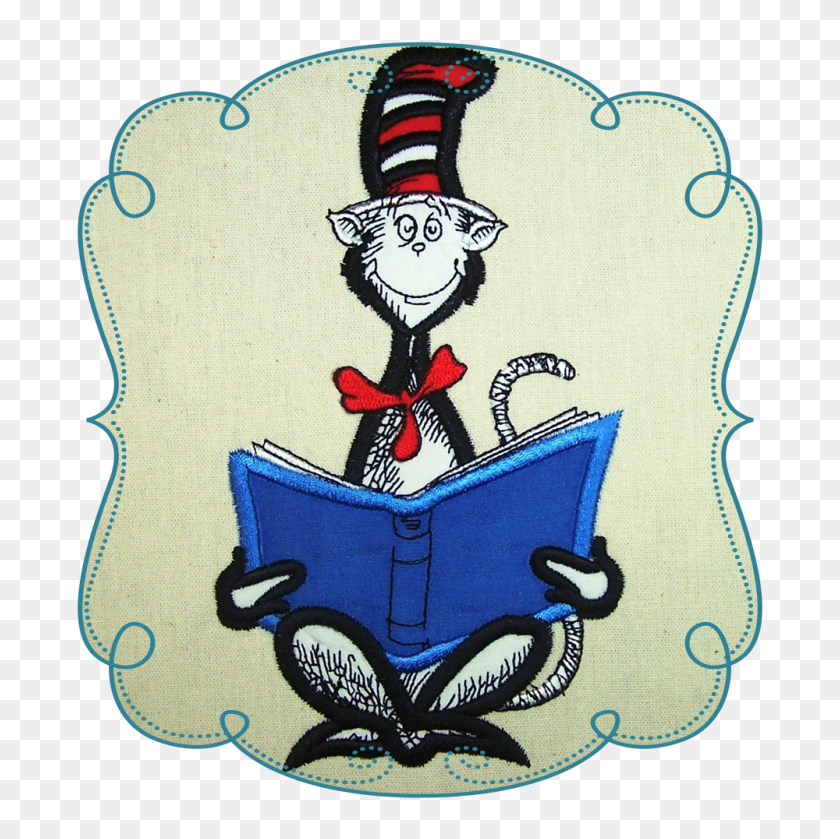 1000x1000 Dr Seuss Cat In The Hat Reading Book Applique - Dr Seuss Characters PNG