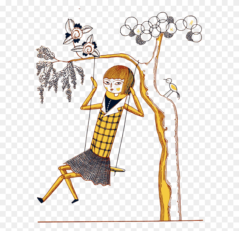 588x750 Рисование Модной Иллюстрации Искусства Куклы - Качели Деревьев Клипарт