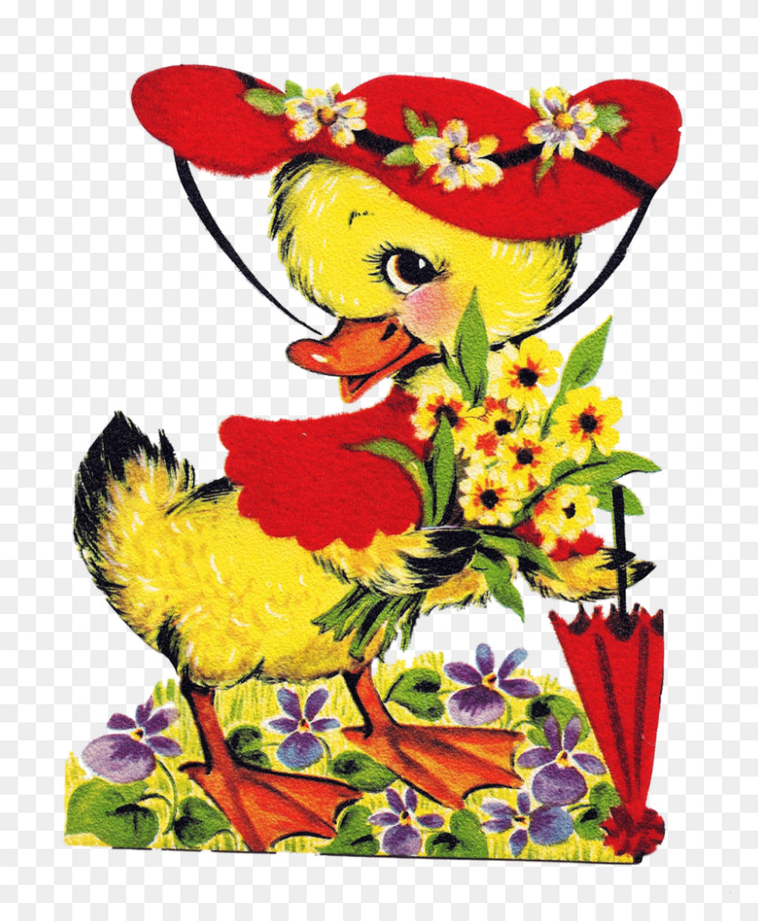 800x985 Duck With Red Hat And Umbrella Vintage Clipart - Easter Bonnet Clipart