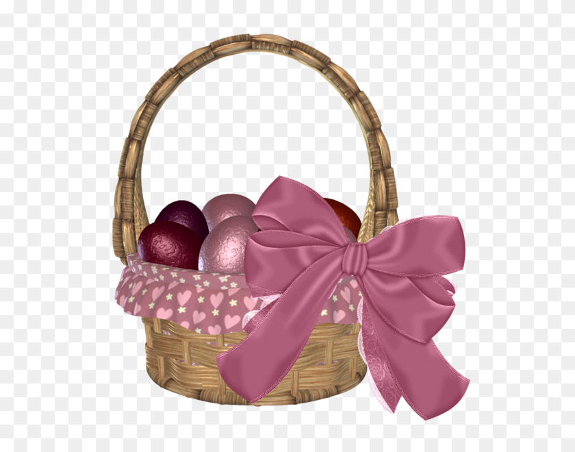 560x600 Easter Basket With Eggs And Pink Bow Png Clipart Picture Easter - Pink Bow PNG