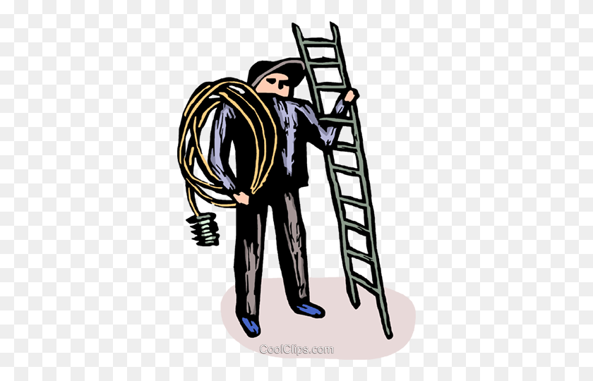 338x480 Electrician With A Ladder Royalty Free Vector Clip Art - Electrician Clipart
