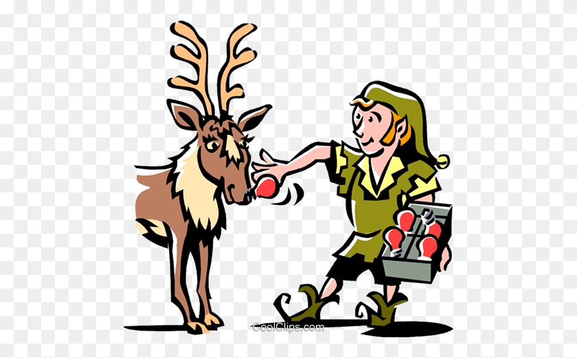 480x461 Elf Putting On Rudolph's Red Nose Royalty Free Vector Clip Art - Rudolph Clipart