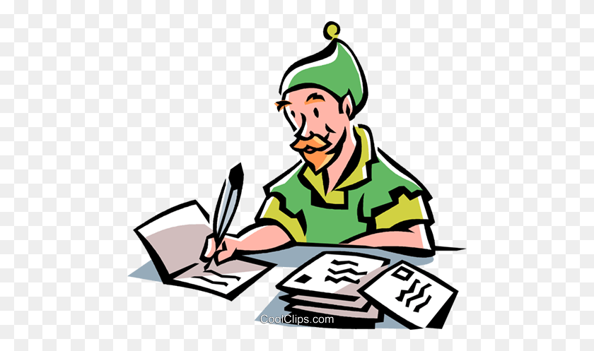 480x437 Elf Writing Christmas Cards Royalty Free Vector Clip Art - Writing A Story Clipart