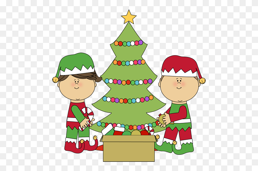 500x498 Elves Decorating A Christmas Tree Clip Art - Whimsical Christmas Tree Clip Art
