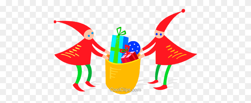 480x287 Elves With Christmas Presents Royalty Free Vector Clip Art - Christmas Present Clipart Free