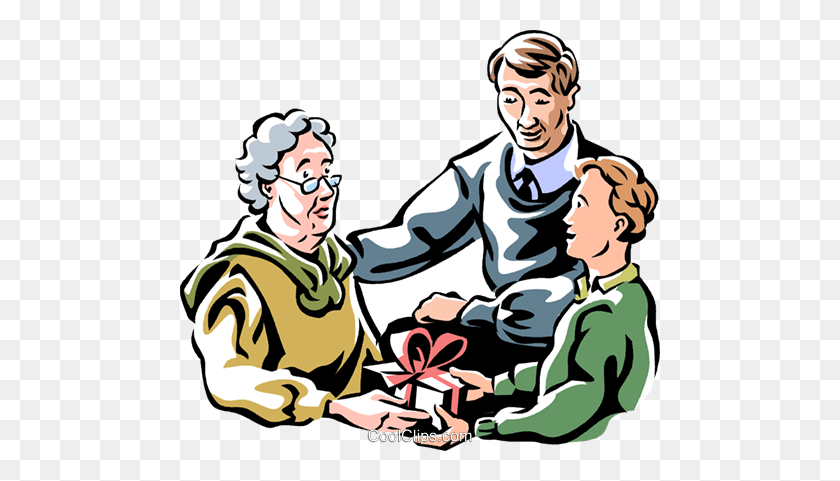 480x421 Family Exchanging Gifts With Grandmother Royalty Free Vector Clip - Grandmother Clip Art