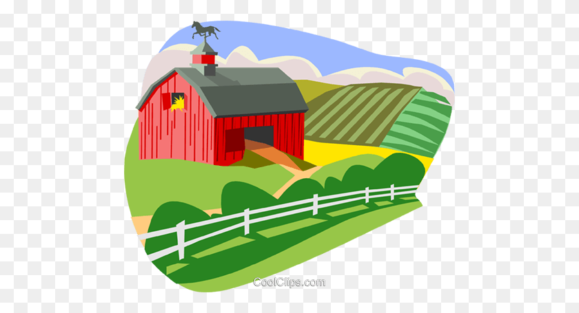 480x395 Farm Scene With Barn Royalty Free Vector Clip Art Illustration - Rural Area Clipart