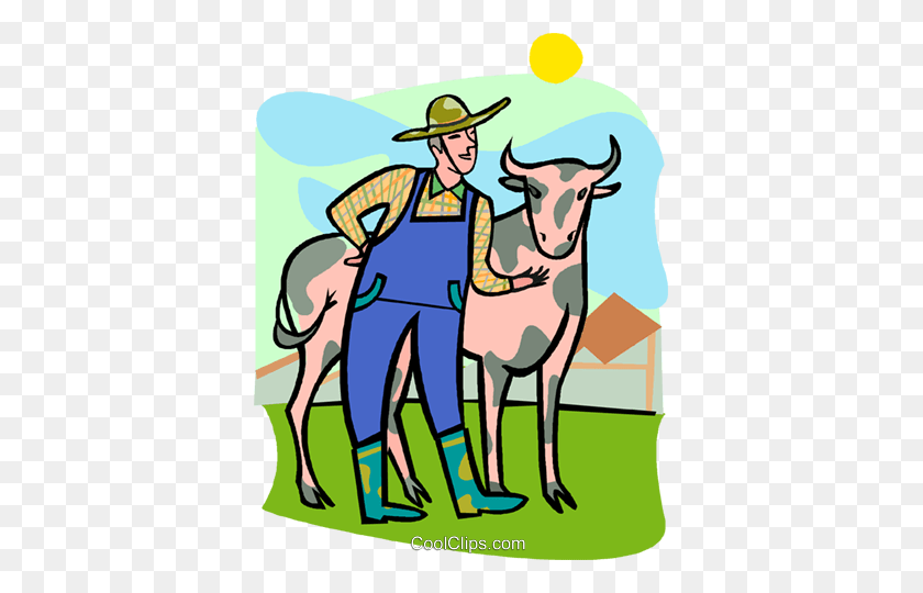 377x480 Farmer, Cow Royalty Free Vector Clip Art Illustration - Dairy Farm Clipart