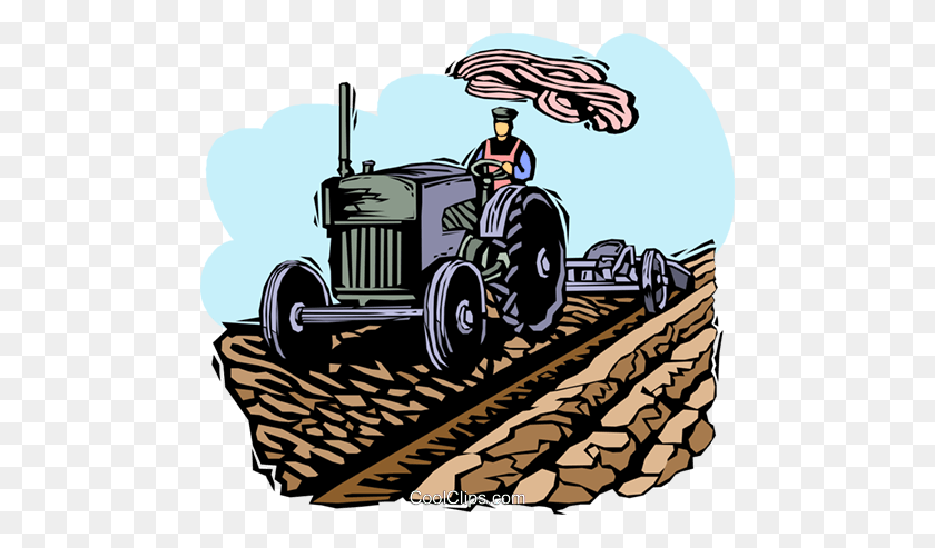 480x433 Farmer With A Tractor Royalty Free Vector Clipart Illustration - Tractor Trailer Clipart