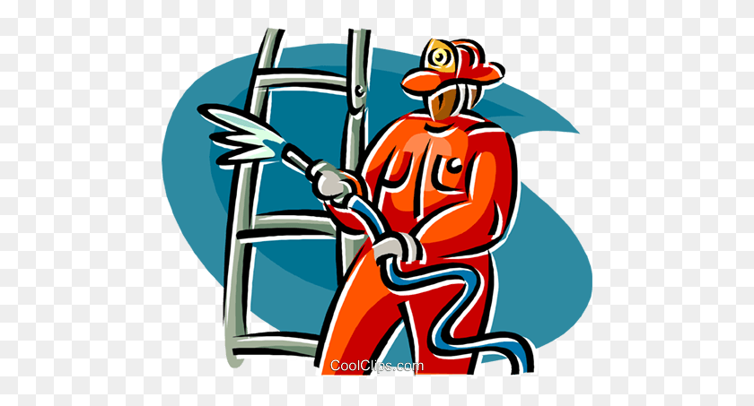 480x393 Firefighter With Ladder And Hose Royalty Free Vector Clip Art - Firefighter Clipart